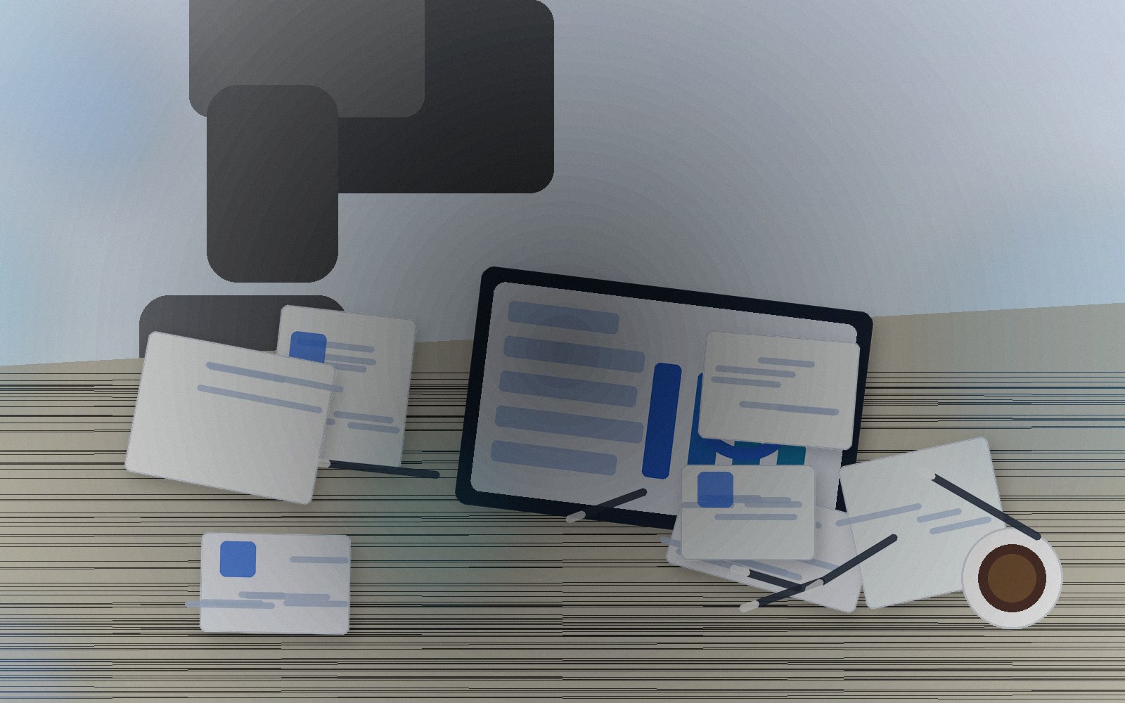 Vue de bureau avec documents, ordinateur et processus administratif